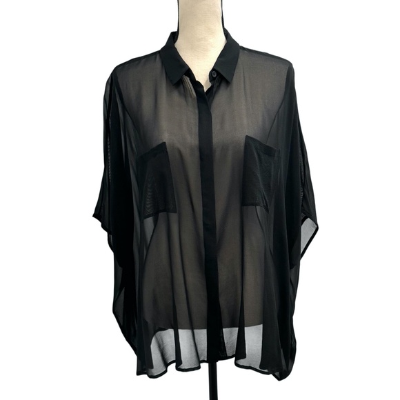 DKNY BLACK SILK OVERSIZED SEMI SHEER SHORT SLEEVE BUTTON DOWN CAMP BLOUSE - Picture 1 of 13